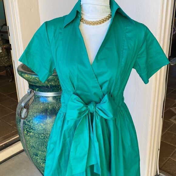 Emerald Green classic style pullover dress with adjustable waist sash size sm - Picture 3 of 11